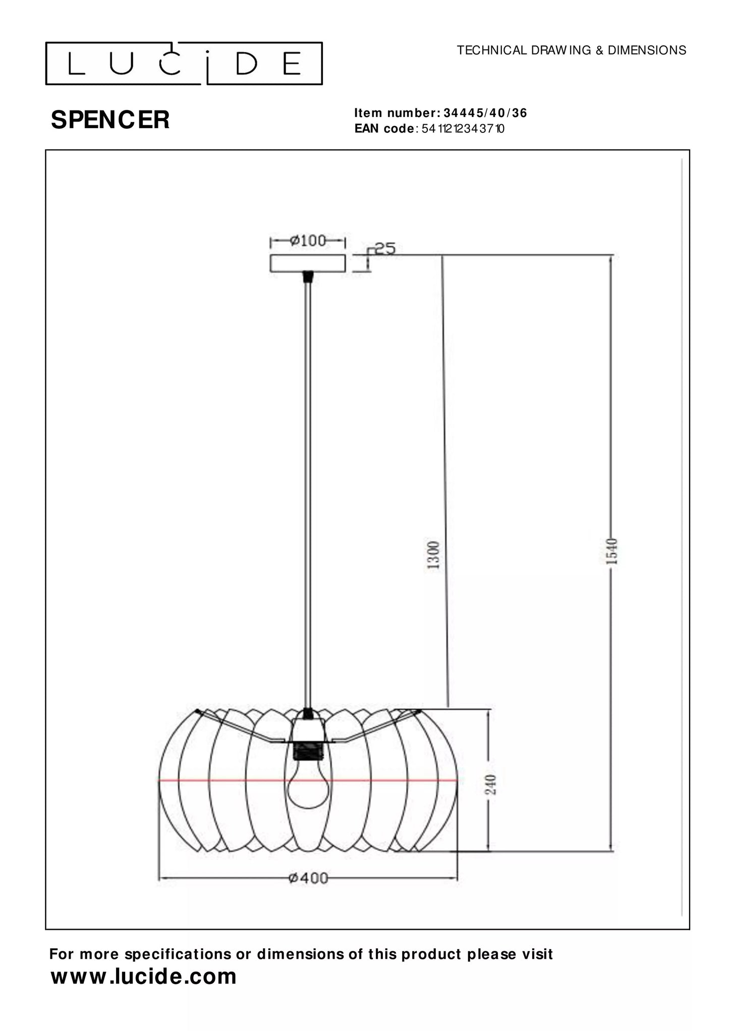 Suspension Spencer en Feutrine Gris Clair D.40 cm - Lucide