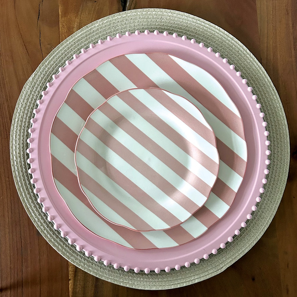 set de 4 Assiettes Plates Trattoria Motif Rayé Rose, Bleu ou Kaki - Opjet
