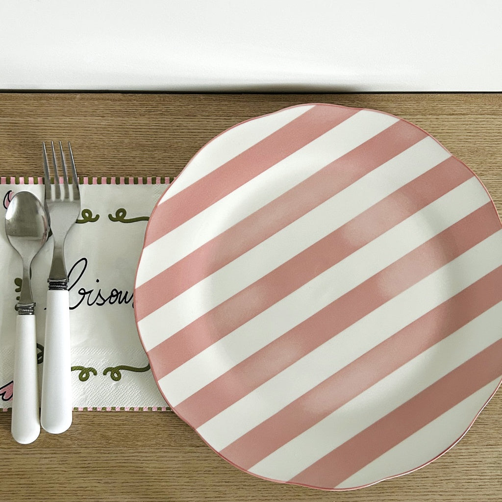 set de 4 Assiettes Plates Trattoria Motif Rayé Rose, Bleu ou Kaki - Opjet