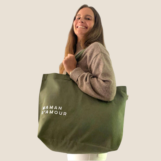 Sac Cabas en Coton BIO "Maman d'Amour" Olive - Family Impact Stories
