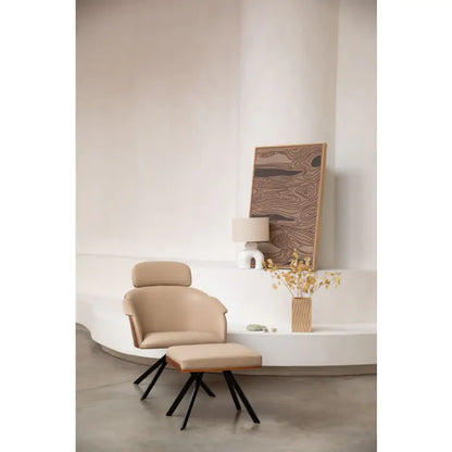 Fauteuil Lounge Frie en Cuir Beige et Noyer - Zuiver