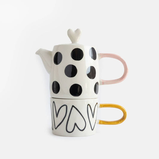 Ensemble théière et tasse 'Tea For One' Spot/Heart en boîte