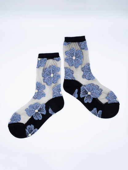 Chaussettes Transparentes Fleuris Bleues/Noires Murano - Atelier St Eustache