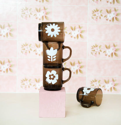 Set de 4 Mugs en Verre Rétros Gris Fumé Fleurs - Duralex