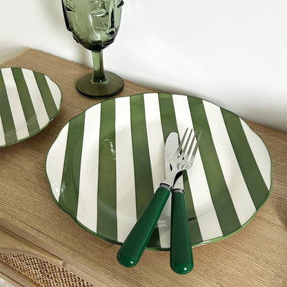 Set de 4 Assiettes Plates Trattoria Motif Rayé Rose ou Vert - Opjet