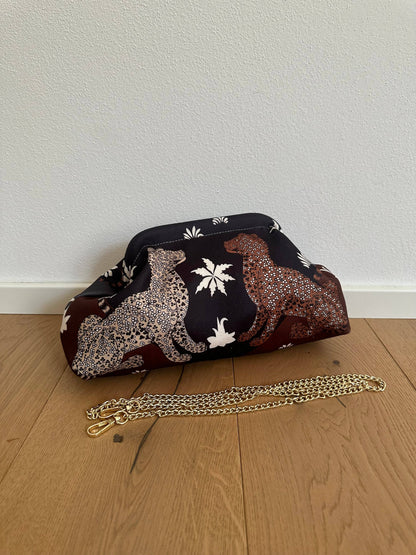 Pochette Clutch Jungle Noir/Marron Bandoulière à Chaîne en Polyester 21x31 cm