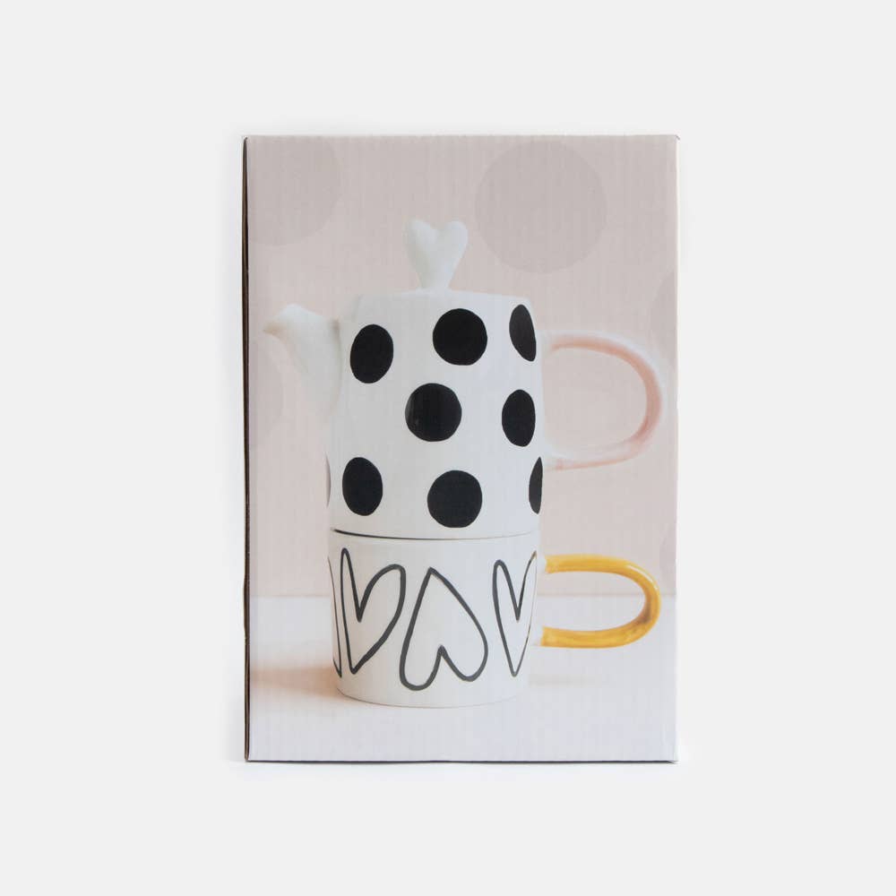 Ensemble théière et tasse 'Tea For One' Spot/Heart en boîte