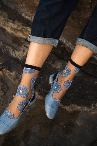 Chaussettes Transparentes Fleuris Bleues/Noires Murano - Atelier St Eustache
