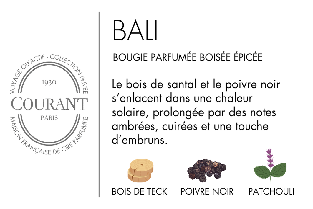 Bougie Parfumée Bali 230g, Bois de Teck & Patchoulis - Courant Paris