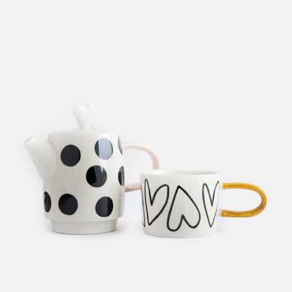 Ensemble théière et tasse 'Tea For One' Spot/Heart en boîte