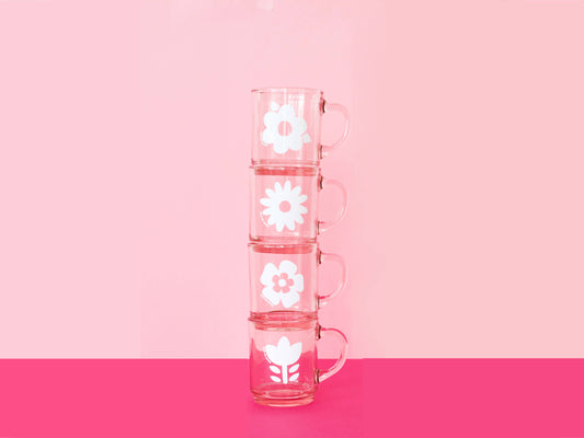 Set de 4 Mugs en Verre Rétros Roses Fleurs - Duralex
