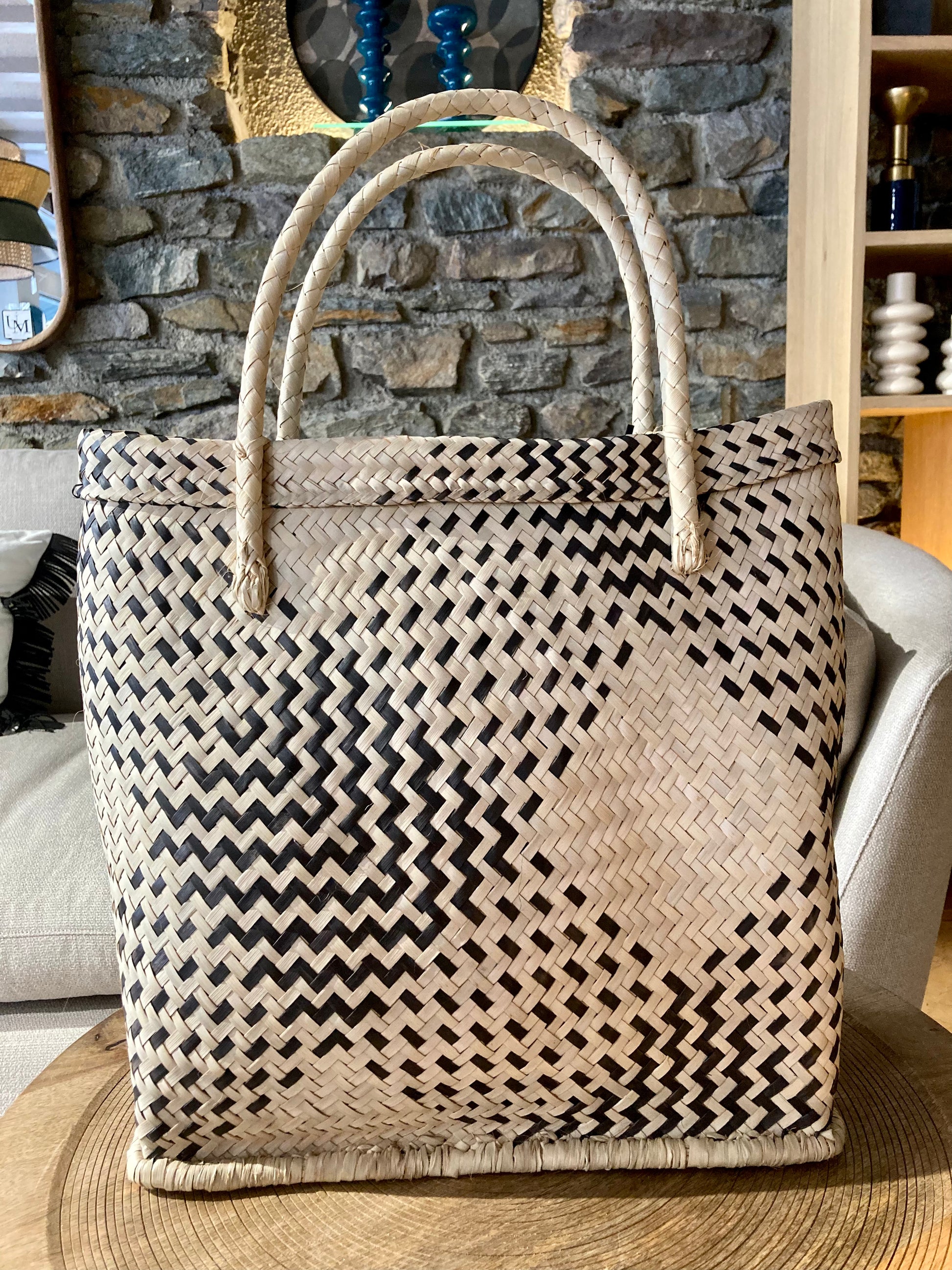 Sac Cabas Osier Motif Géométrique Noir – As'Art 40x45 cm artisanal