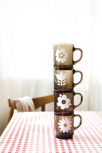 Set de 4 Mugs en Verre Rétros Gris Fumé Fleurs - Duralex