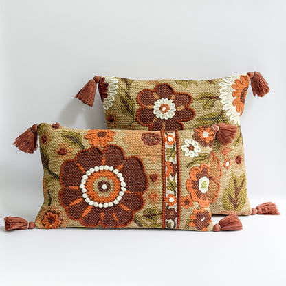 Coussin Terracotta Fleuri à Pompoms 45x45 cm - Opjet