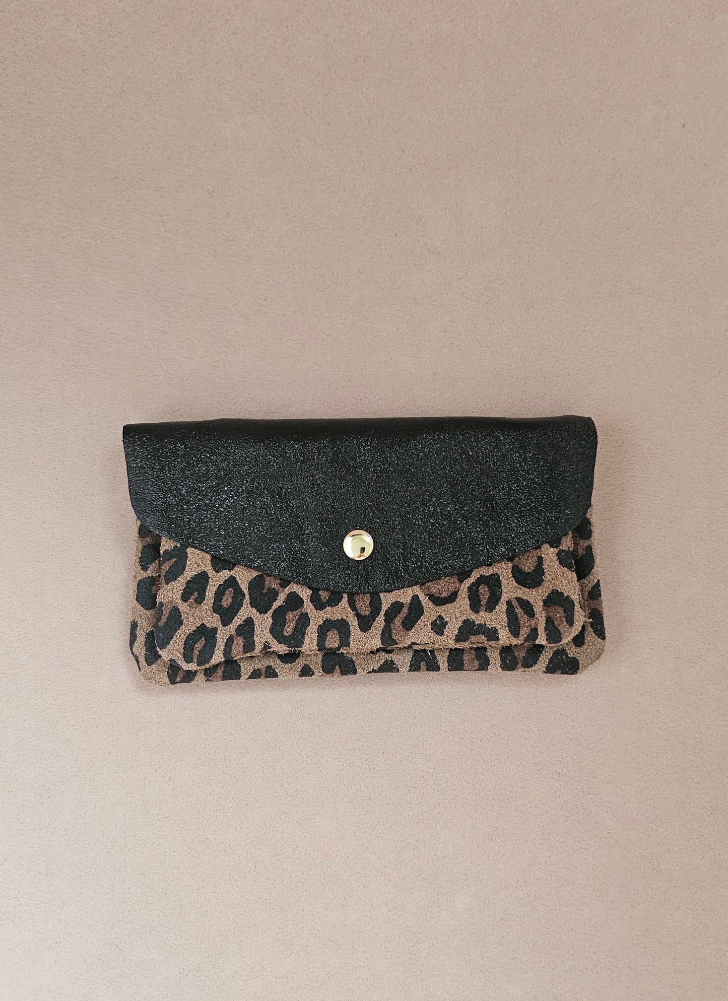 Pochette en Cuir de Vachette, Double Poches Léopard 15 x 1 x 8,5 cm