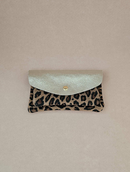Pochette en Cuir de Vachette, Double Poches Léopard 15 x 1 x 8,5 cm