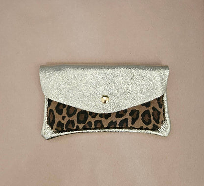 Pochette en Cuir de Vachette, Double Poches Léopard 15 x 1 x 8,5 cm