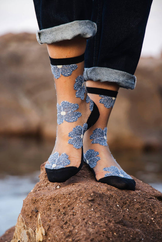 Chaussettes Transparentes Fleuris Bleues/Noires Murano - Atelier St Eustache