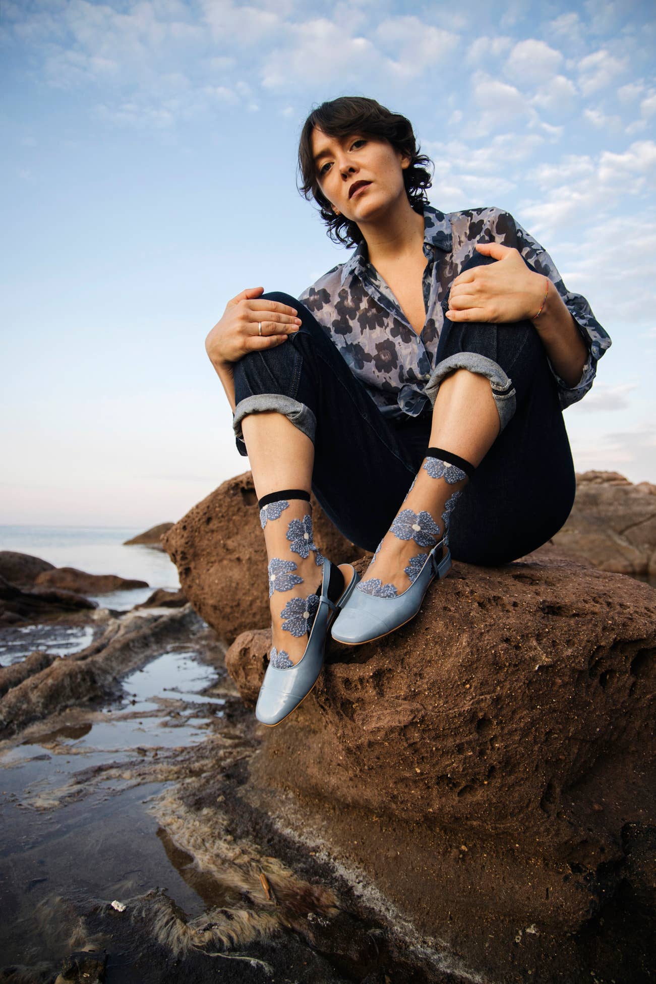 Chaussettes Transparentes Fleuris Bleues/Noires Murano - Atelier St Eustache