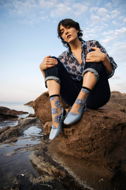 Chaussettes Transparentes Fleuris Bleues/Noires Murano - Atelier St Eustache