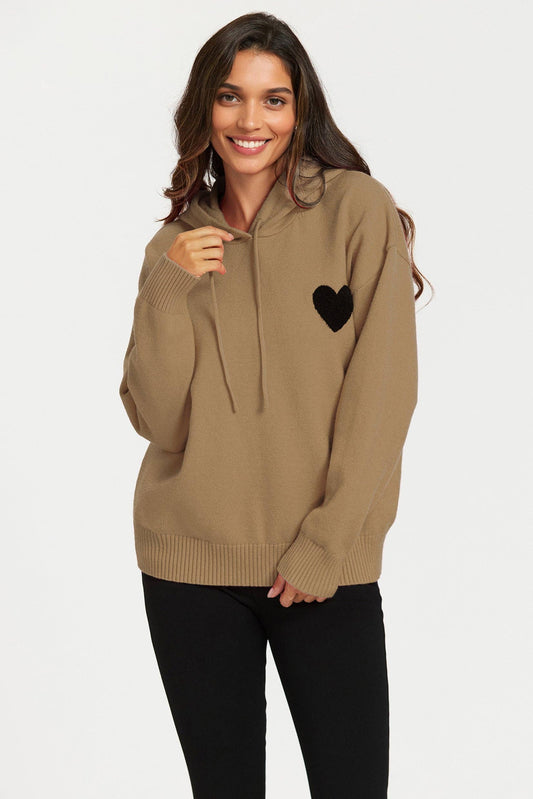 Sweat à Capuche Camel Brodée avec Coeur - FS Collection
