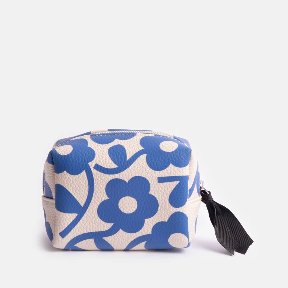 Trousse Cosmétique Mini Cube Fleur Mono Bleue