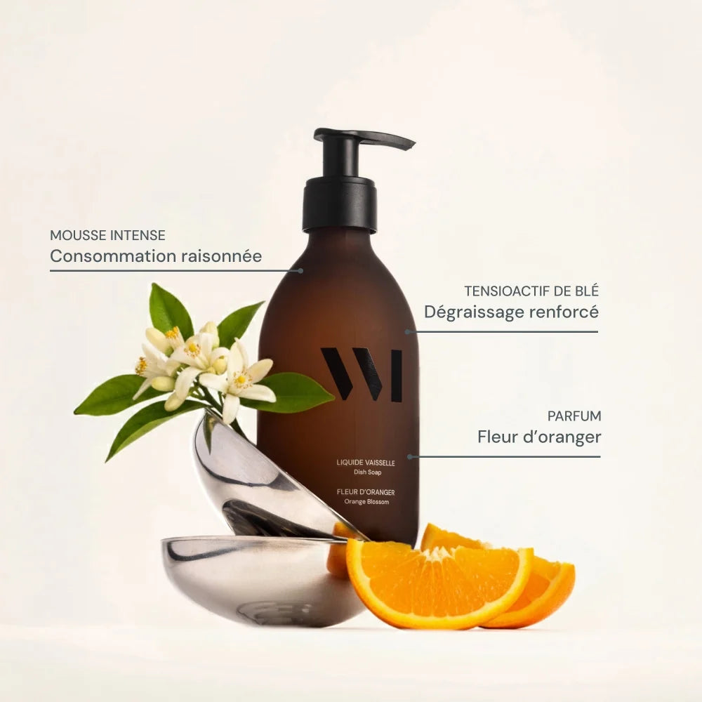 Flacon Verre Liquide Vaisselle 290ml, Fleur d'Oranger / Citron-Basilic - What Matters