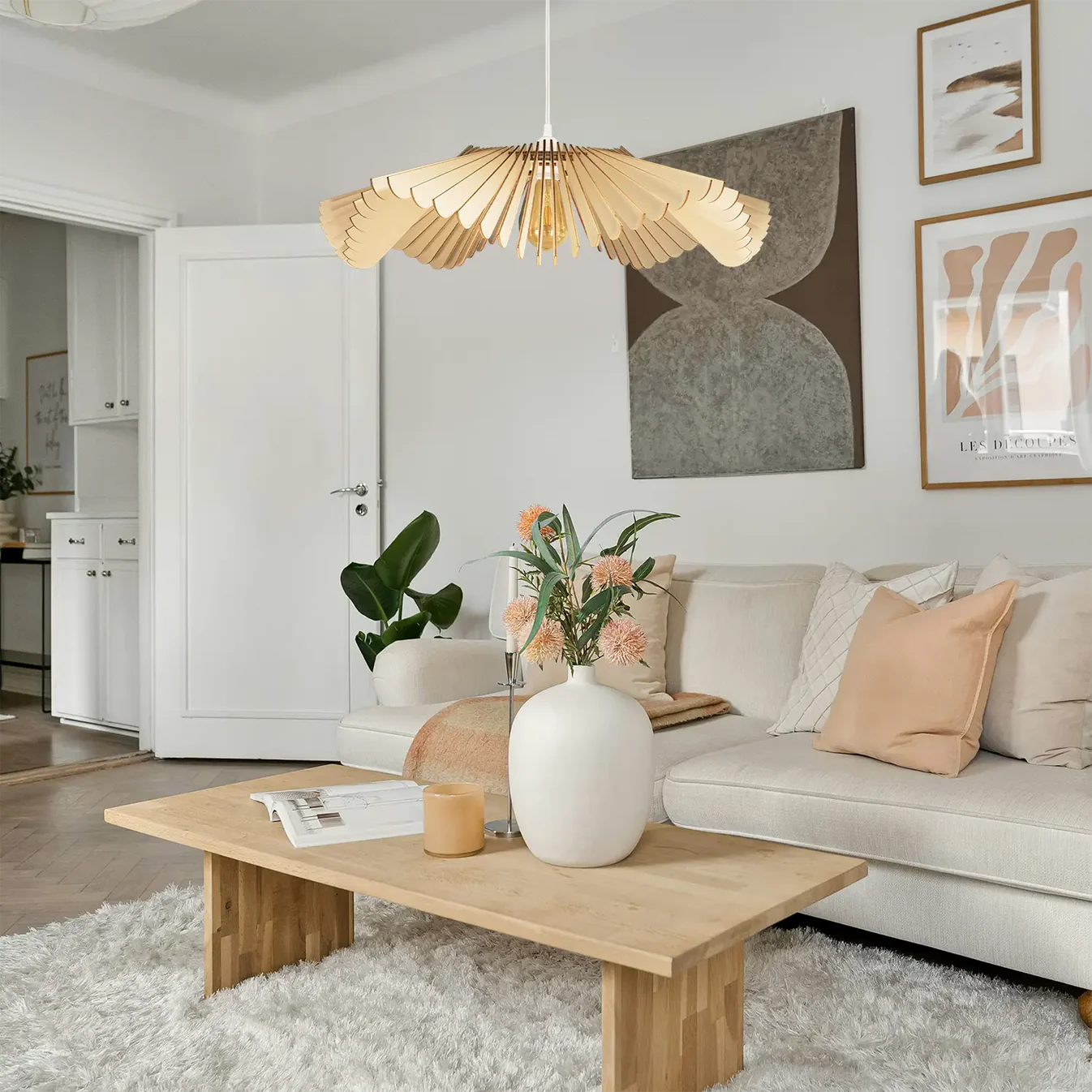 Suspension Rose en Bois Câble Ajustable avec Ampoule - Atelier Loupiote